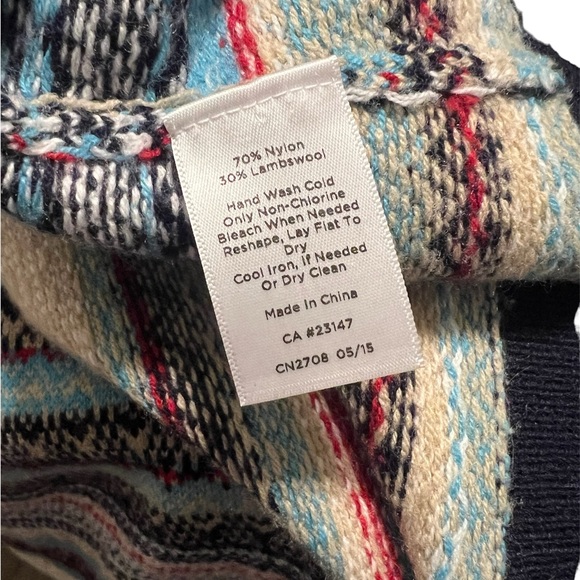 Talbots Fair Isle Stripe Knit Cardigan Sweater Blue Red Nylon Lambswool Buttons - Picture 10 of 11